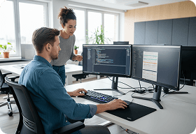 Developer working at dual monitors